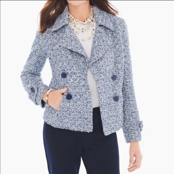 Chico’s Tweed Textured Blue White Shimmer Jacket 1 US Medium 8 - Picture 1 of 10